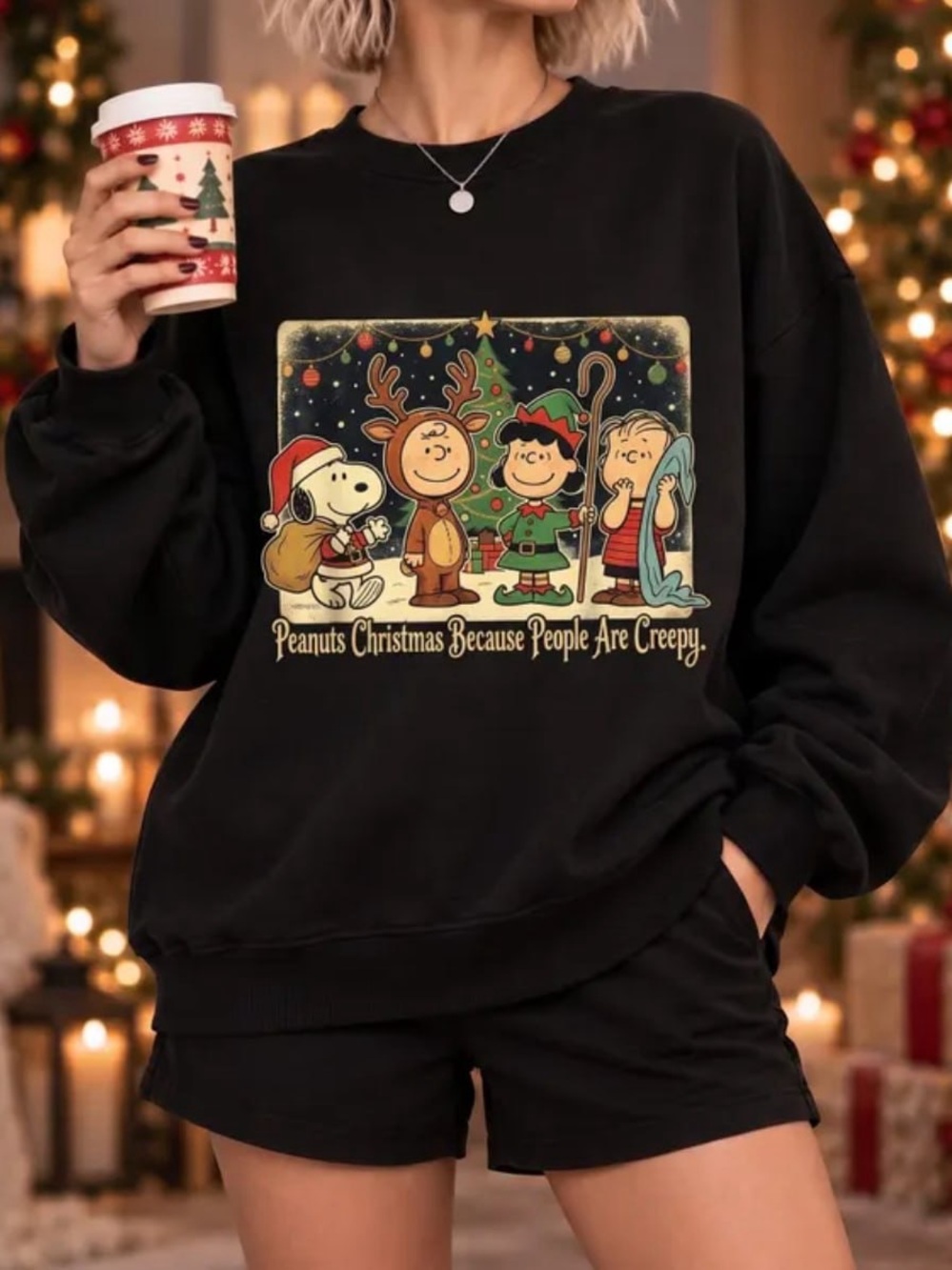 Black Peanuts Christmas Graphic Crewneck Sweatshirt